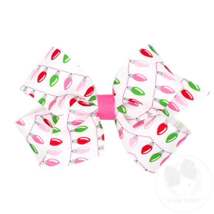 Medium Pink Christmas Print Hair Bow | Lights