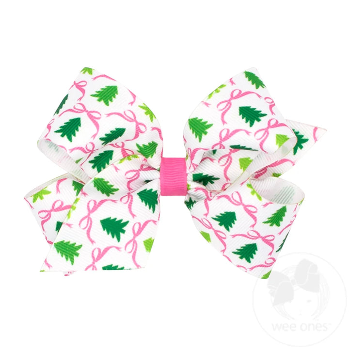 Medium Pink Christmas Print Hair Bow | Tree
