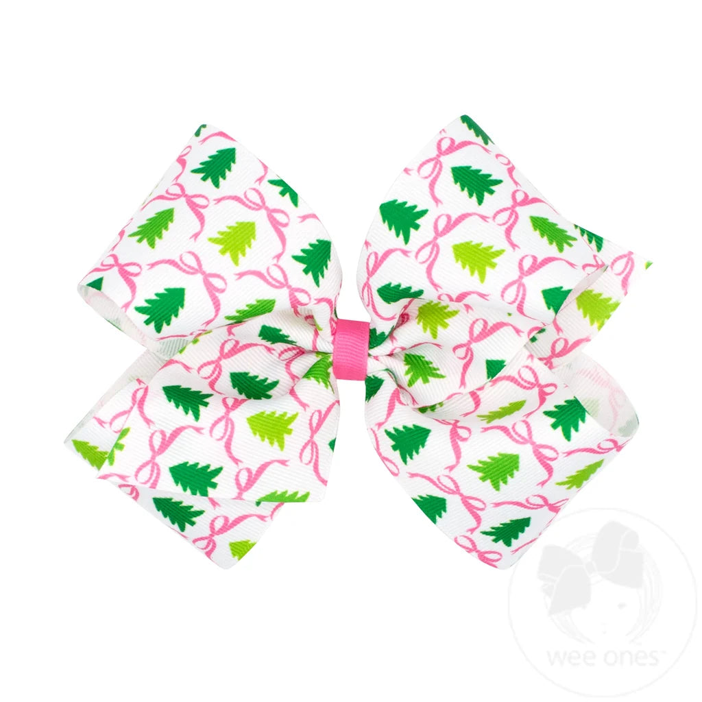 King Pink Christmas Print Hair Bow | Tree
