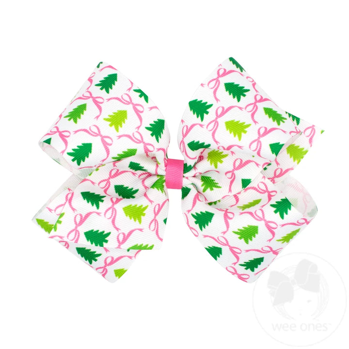 King Pink Christmas Print Hair Bow | Tree