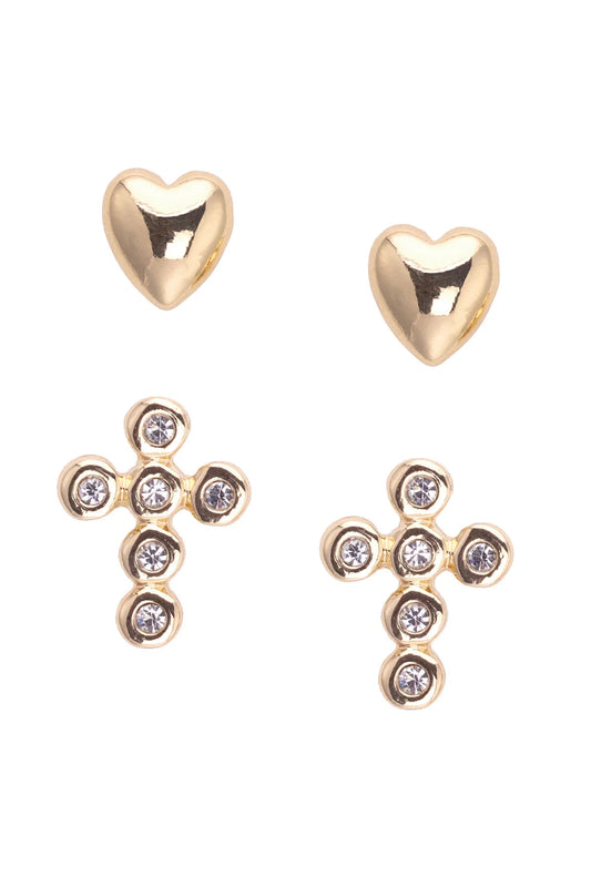 Heart & Pave Cross Stud Earring Set