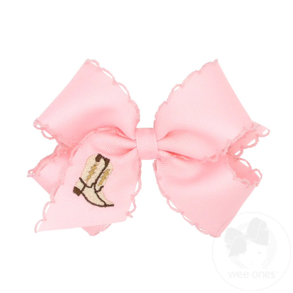 Medium Cowboy Boots Embroidered Moonstitch Hair Bow | Light Pink