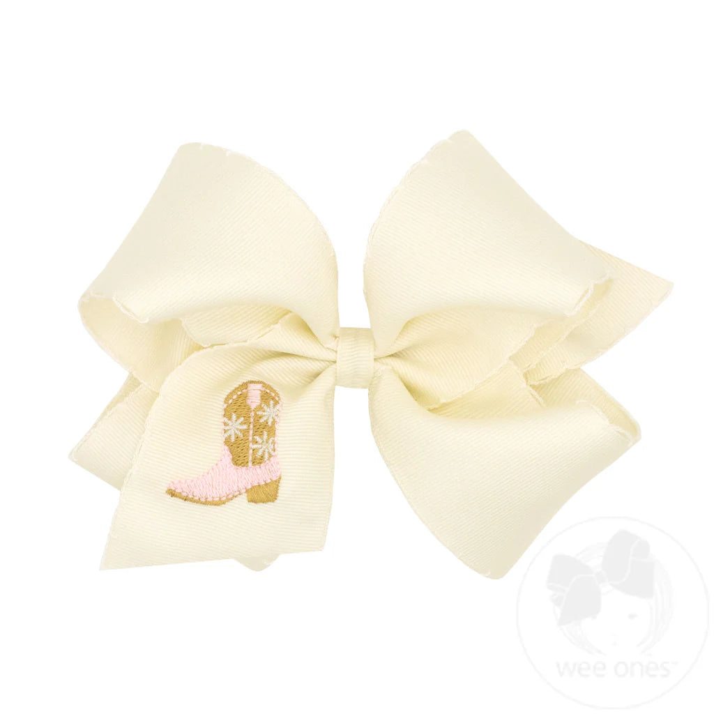 King Cowboy Boots Embroidered Moonstitch Hair Bow | Cream