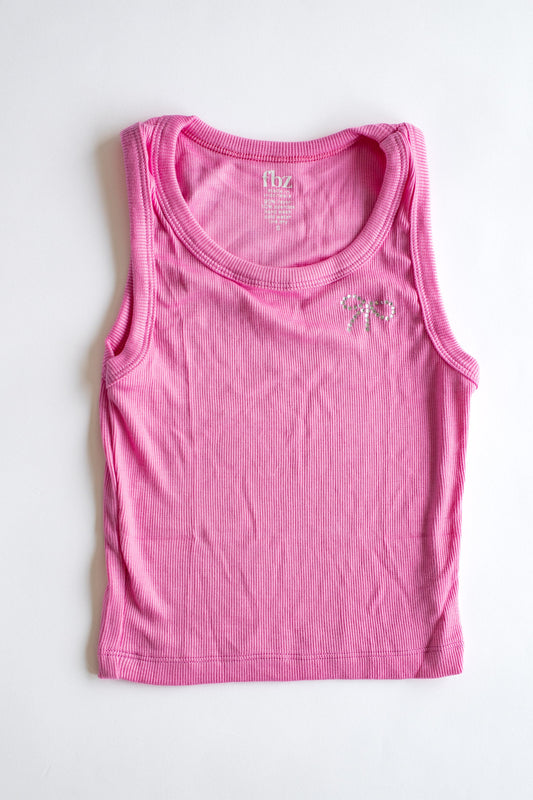 Crystal Bow Ribbed Tank | Candy Pink