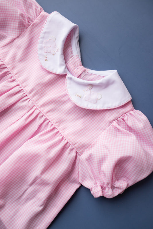 Bunnies Embroidered Girl's Shortall | Pink Check