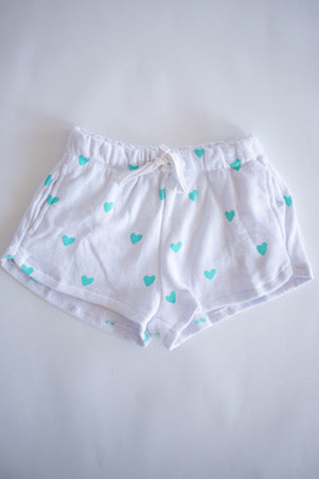 White Shorts with Neon Blue Hearts