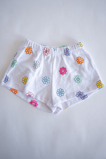 White Cozy Shorts with Multi-Colored Flower Smiley