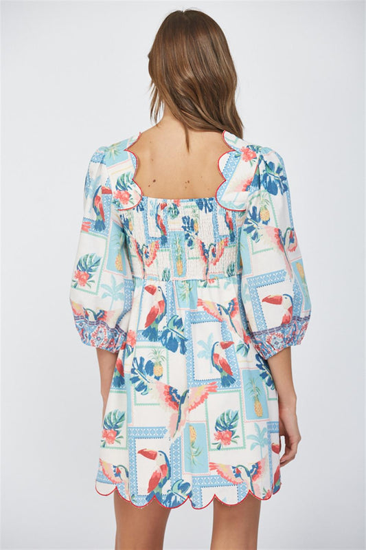 Tropical Print Scallop Edge Mini Dress