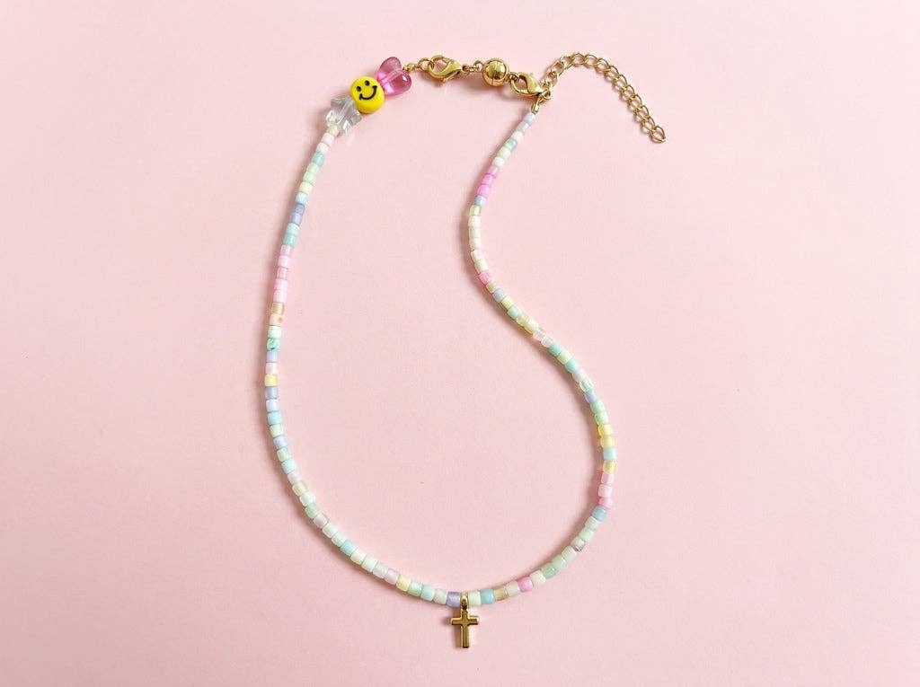 Beaded Necklace | Pastels w/ Gold Cross