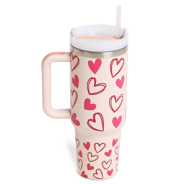 Heart Printed 40oz Tumbler with Handle: Red