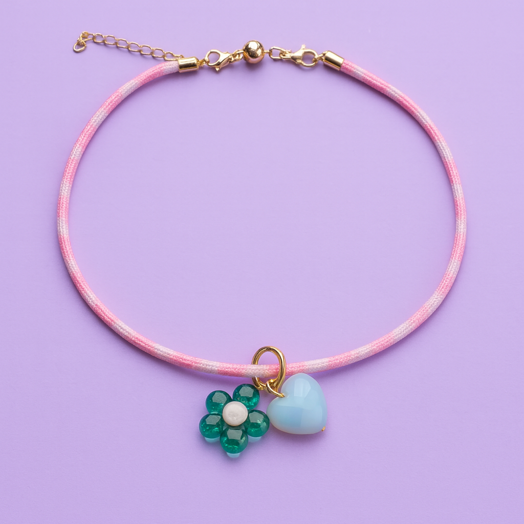 Cord Necklace | Pink w/ Flower + Heart Charms