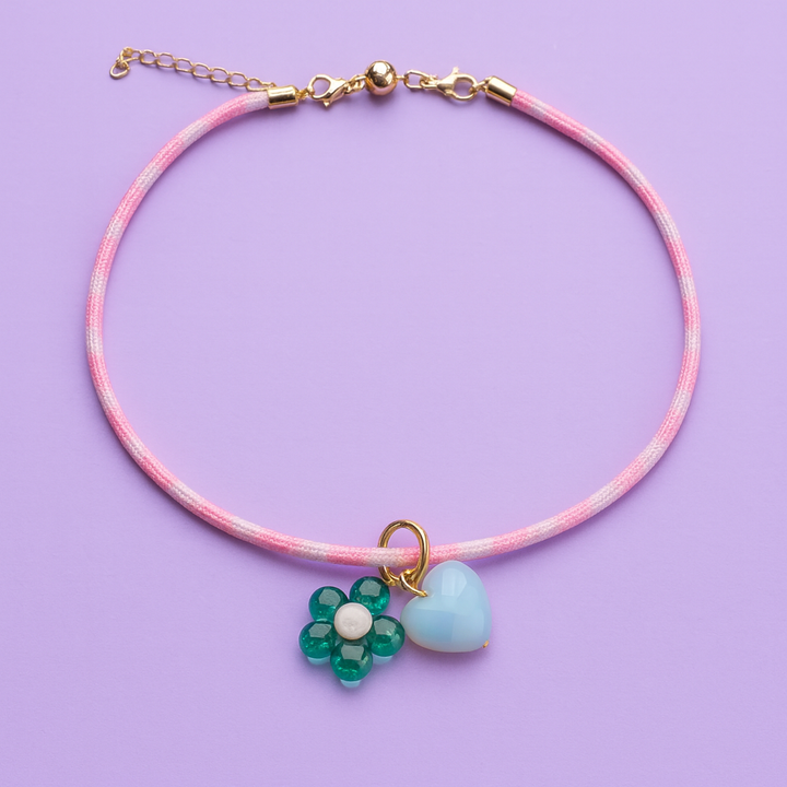 Cord Necklace | Pink w/ Flower + Heart Charms
