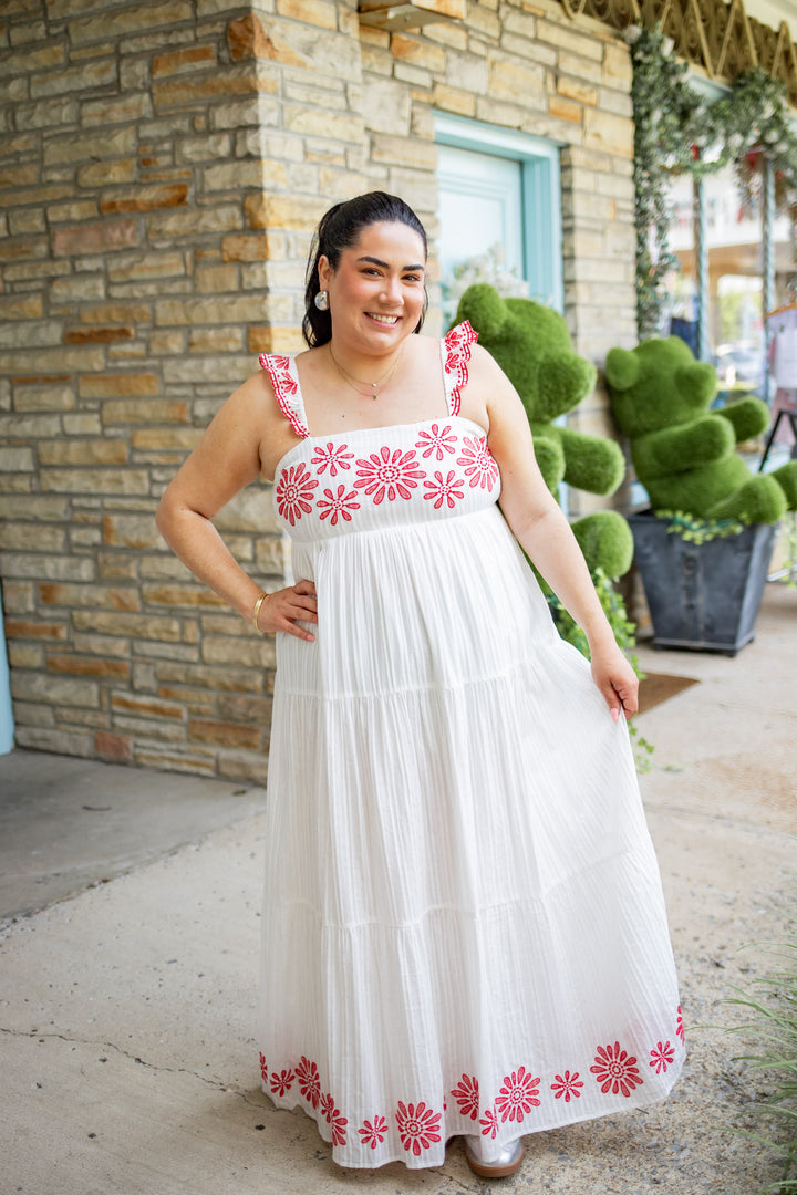The Haven Embroidered Midi Dress | Cream + Red