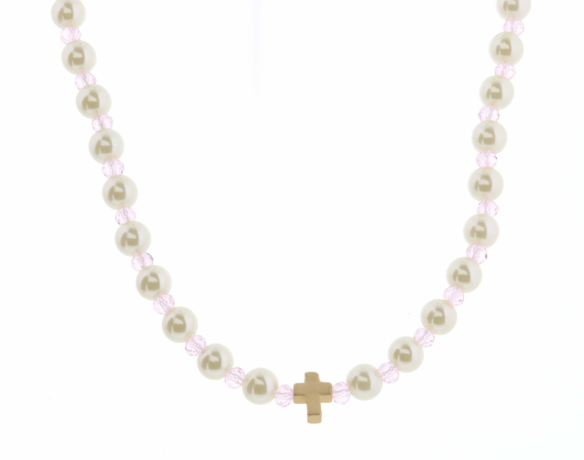 Pearl & Light Pink Faceted with Cross Necklace