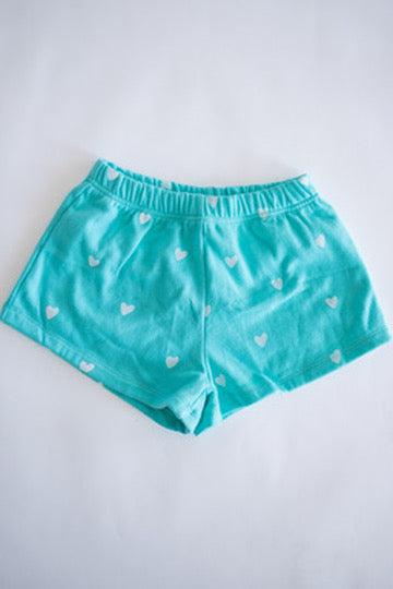 Neon Blue Cozy Shorts with White Hearts