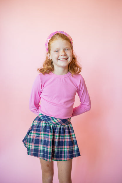 Flannel Skirt | Navy + Pink Plaid
