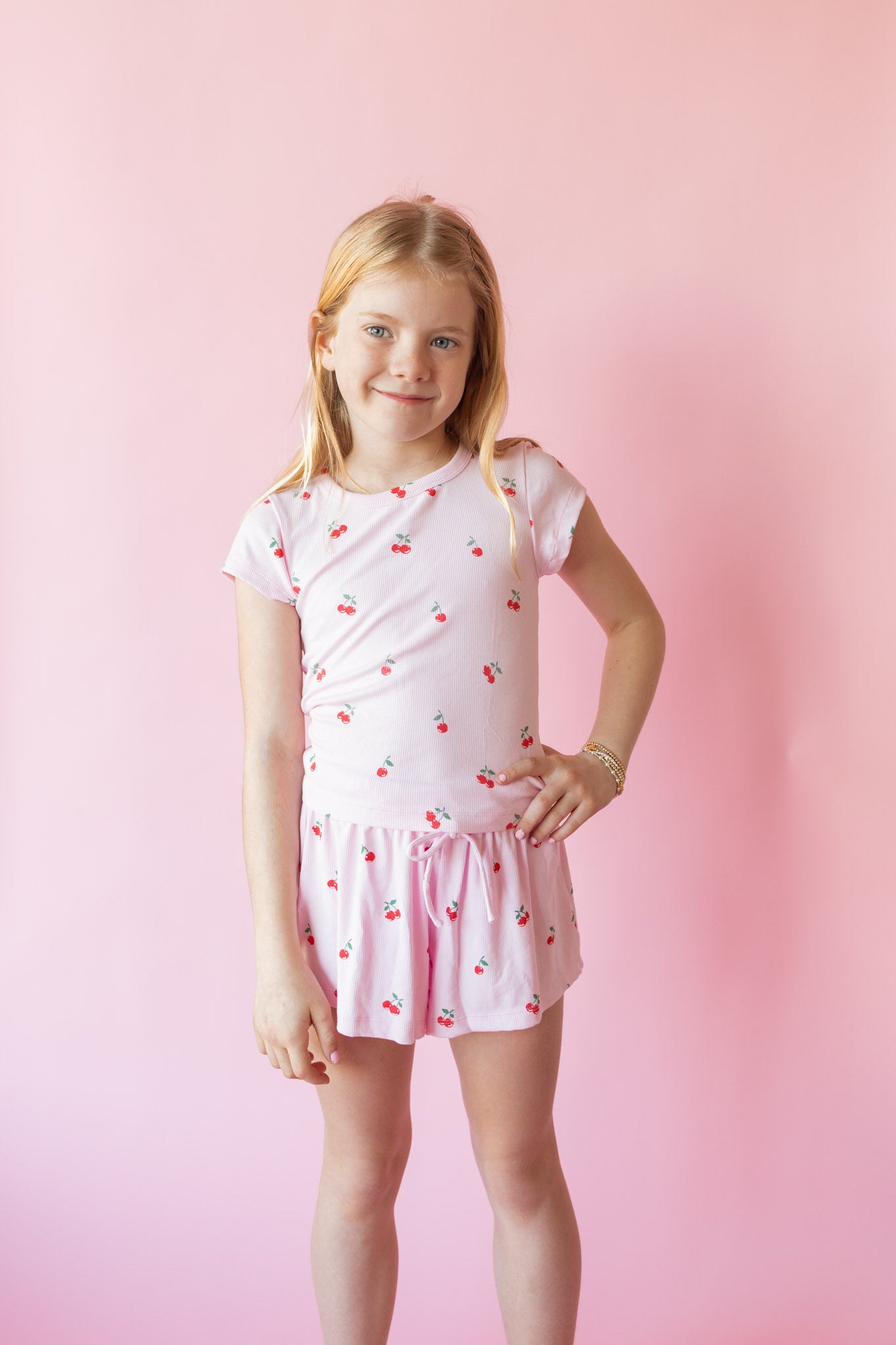 Cherry Print Ribbed Tee | Light Pink