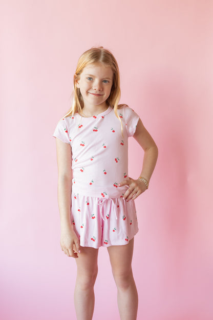 Cherry Print Ribbed Tee | Light Pink
