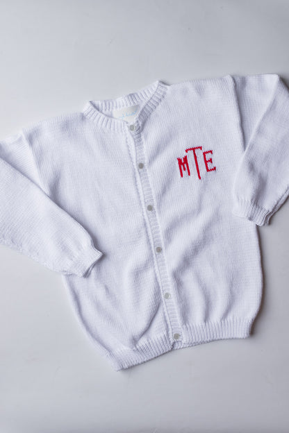 Custom Knit Monogram Cardigan | White with Red