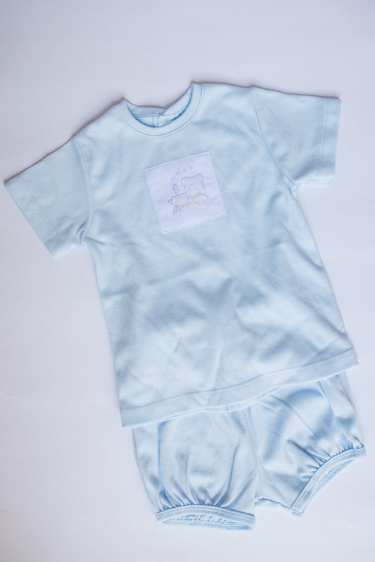 Knit Train Embroidered Set | Blue