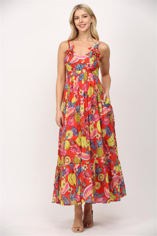 Fruit Motif Floral Trimmed Maxi Dress