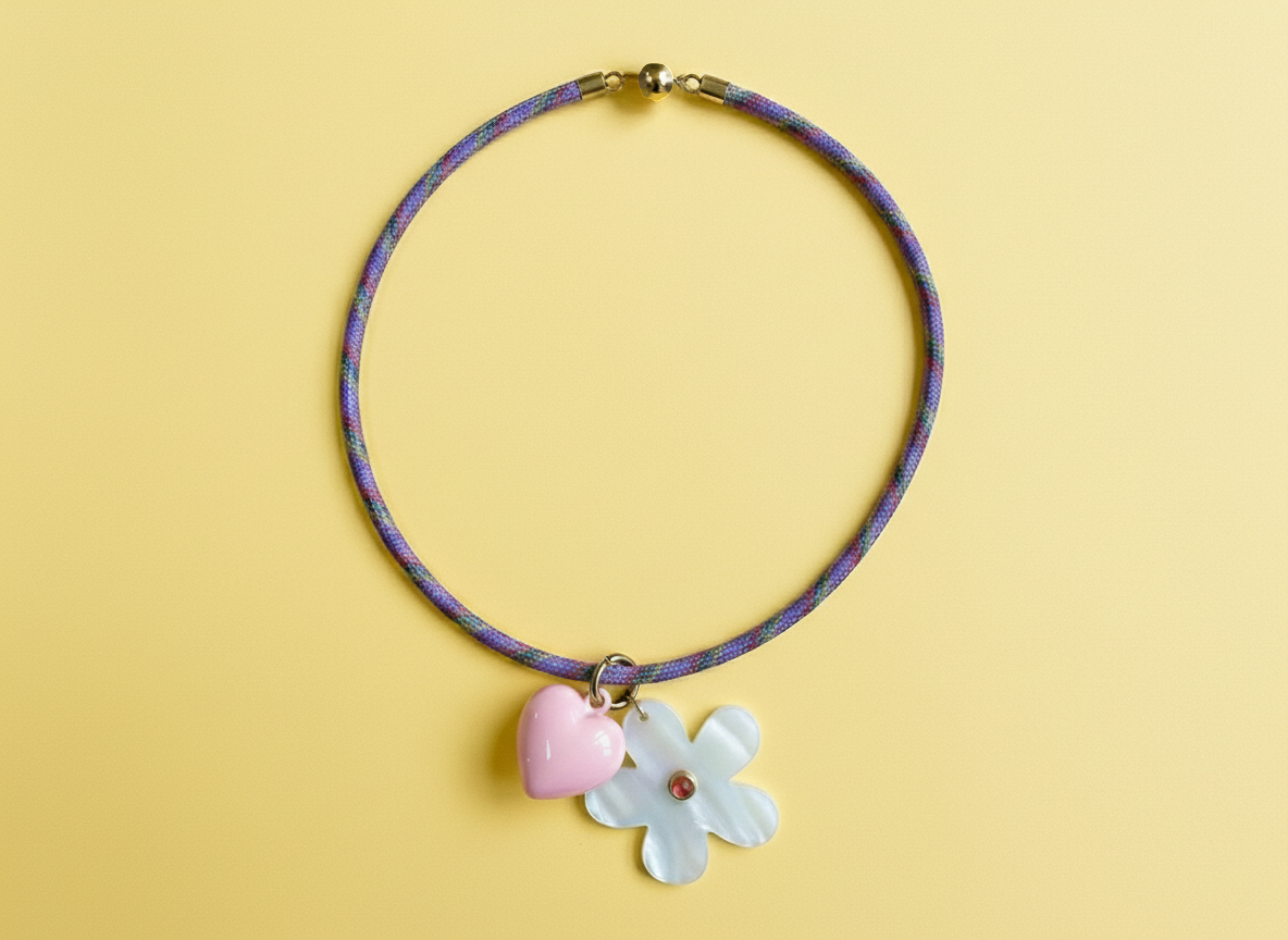 Cord Necklace | Purple w/ Flower + Heart Charms
