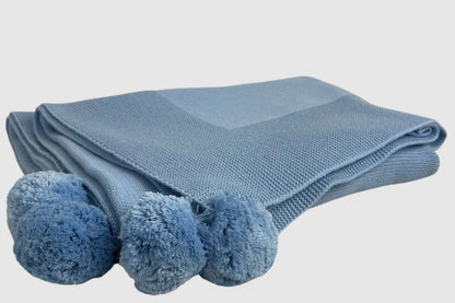 Knit Baby Blanket w Pom Poms | Blue