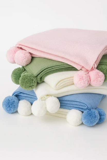 Knit Baby Blanket w Pom Poms | Blue