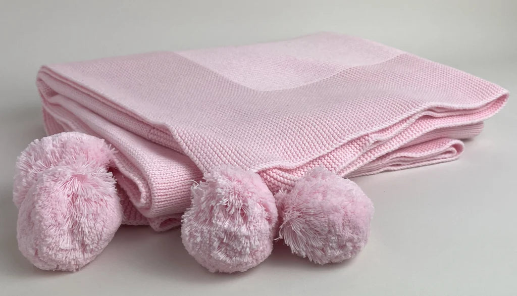 Knit Baby Blanket w Pom Poms | Pink