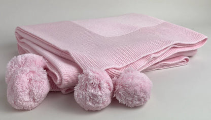 Knit Baby Blanket w Pom Poms | Pink