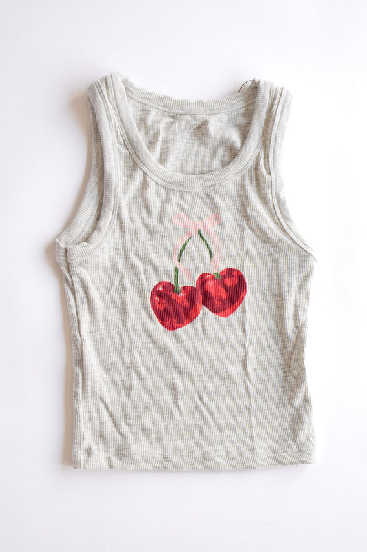 Cherry Bow Large Print Ribbed Tank | Light Misty Gray
