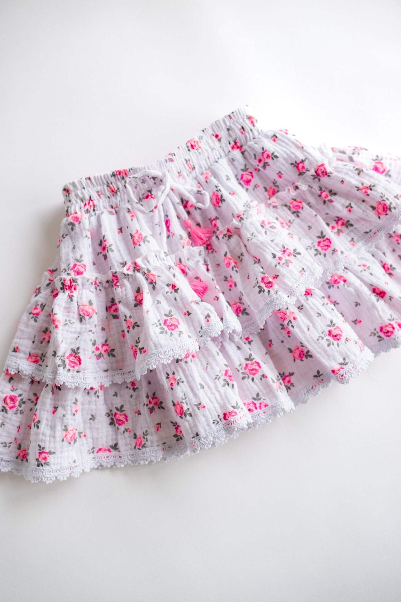 Ditsy Pink Floral Tiered Tassel Skirt