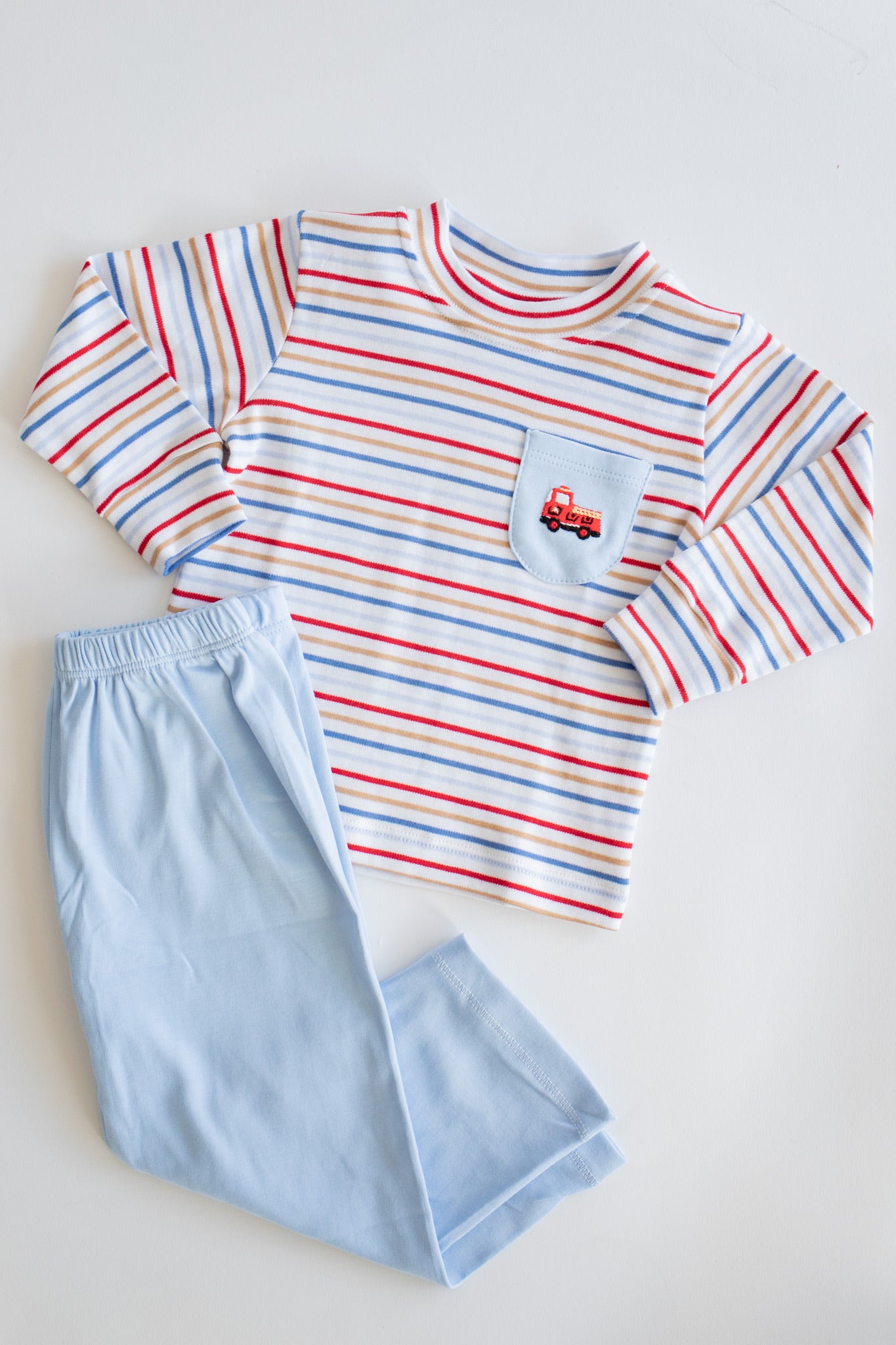 Striped Fire Truck Embroidered Pant Set