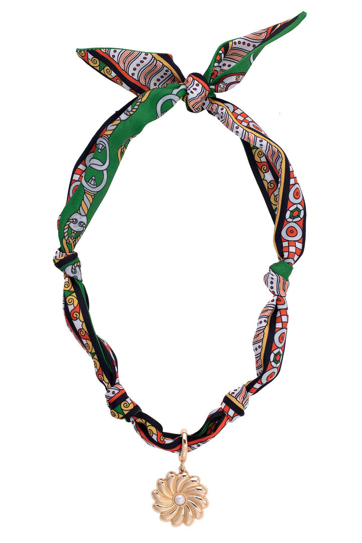 Gertrude Pearl Flower Scarf Necklace in Green/Black/Orange