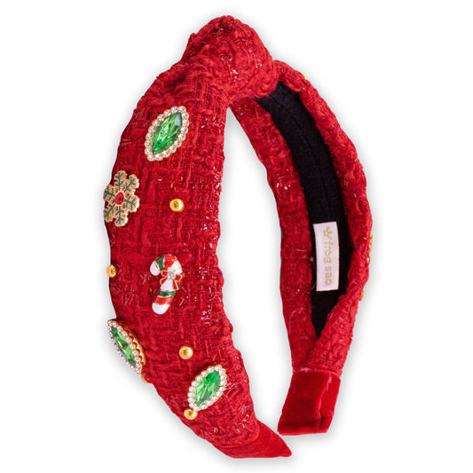 Kid's Embellished Christmas Charm Knot Headband | Red Tweed