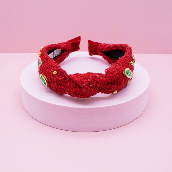 Kid's Embellished Christmas Charm Knot Headband | Red Tweed