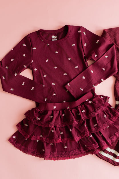 Rib Long Sleeve | Maroon Ditsy