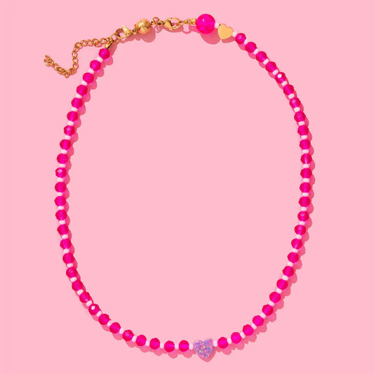 Beaded Necklace - Pink w/ Purple Opal Heart - Karley