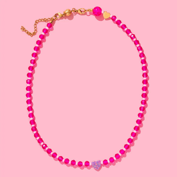 Beaded Necklace - Pink w/ Purple Opal Heart - Karley