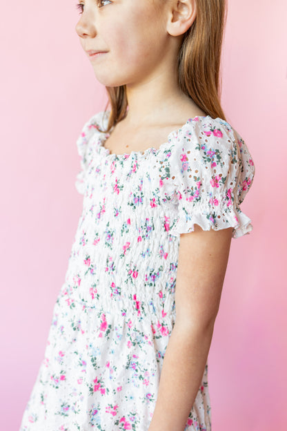 Eyelet Puff Sleeve Dress | White Multi Floral