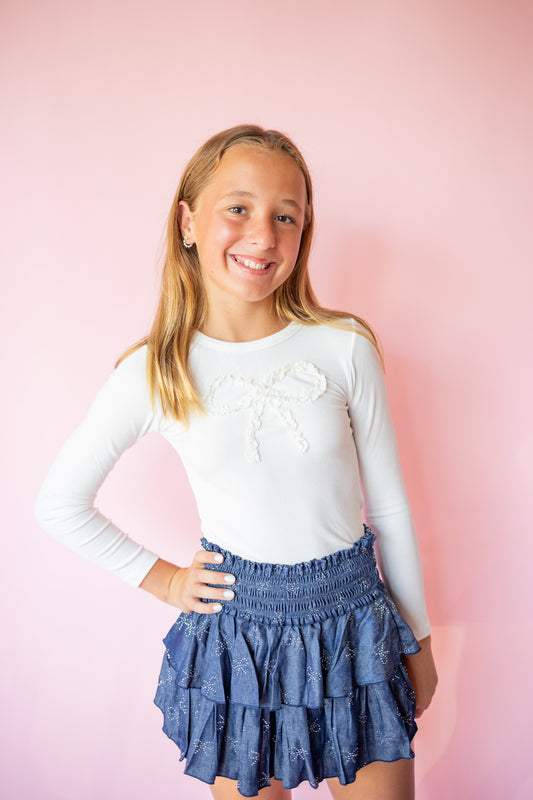 Bow Rhinestone Chambray Skirt