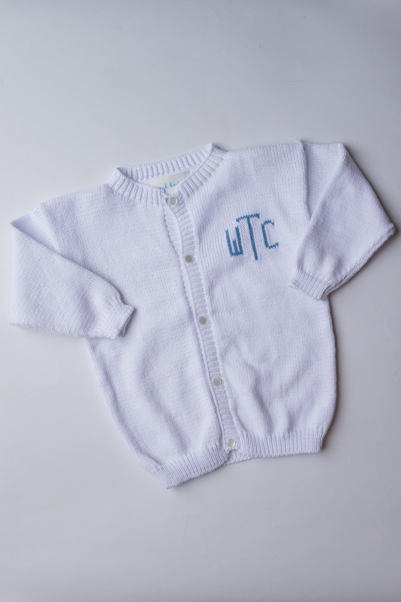 Custom Knit Monogram Cardigan | White with Denim Blue