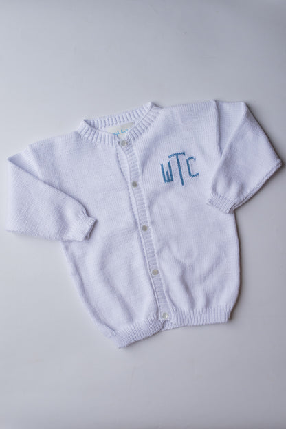Custom Knit Monogram Cardigan | White with Denim Blue