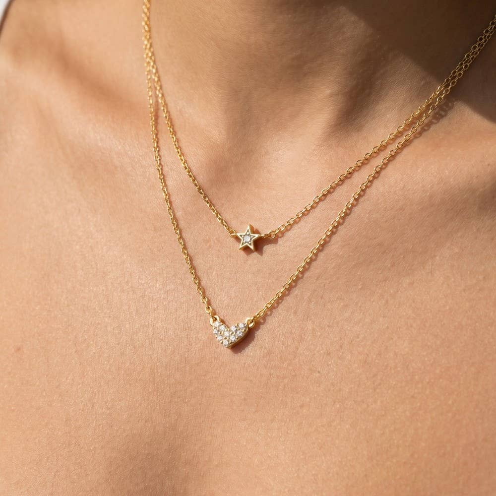 Gold Dipped Layered Chain Pave Heart Star Necklace