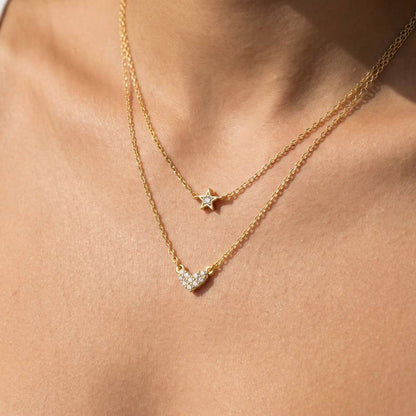 Gold Dipped Layered Chain Pave Heart Star Necklace