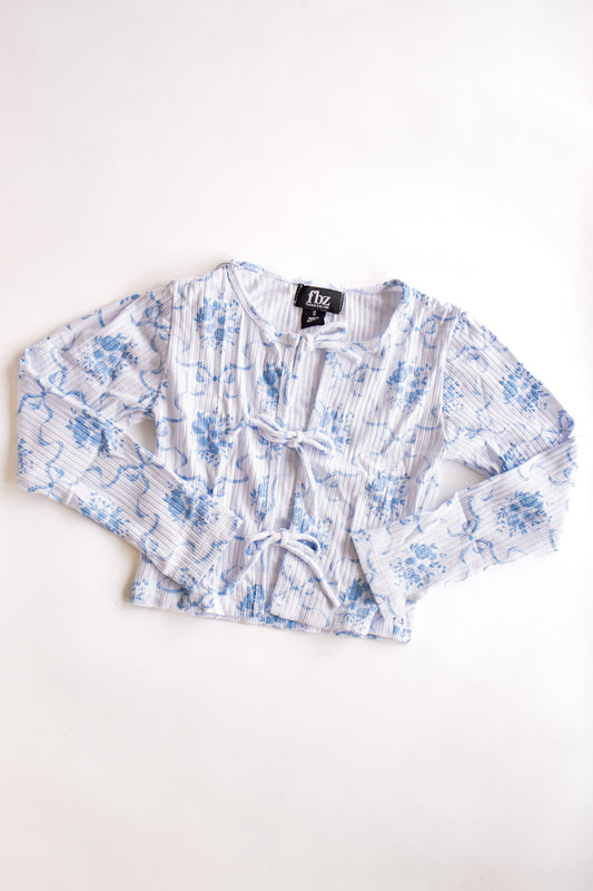 Tie Front Ribbed Long Sleeve | Blue Bow Toile
