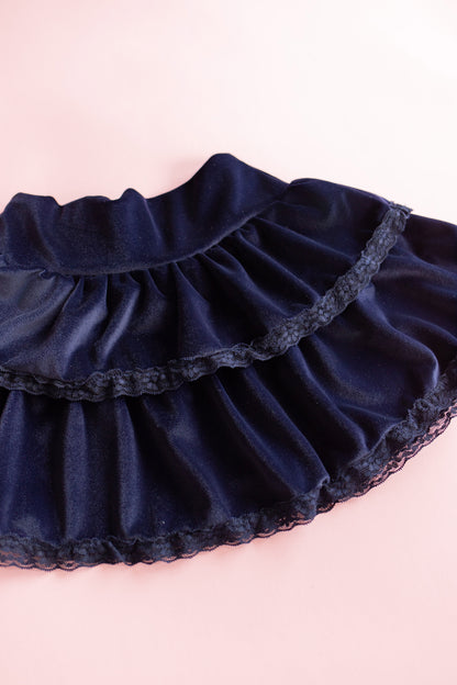 Velvet Lace Trim Tiered Skirt | Navy