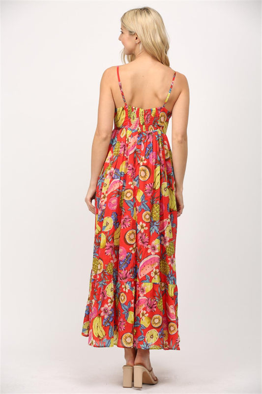 Fruit Motif Floral Trimmed Maxi Dress