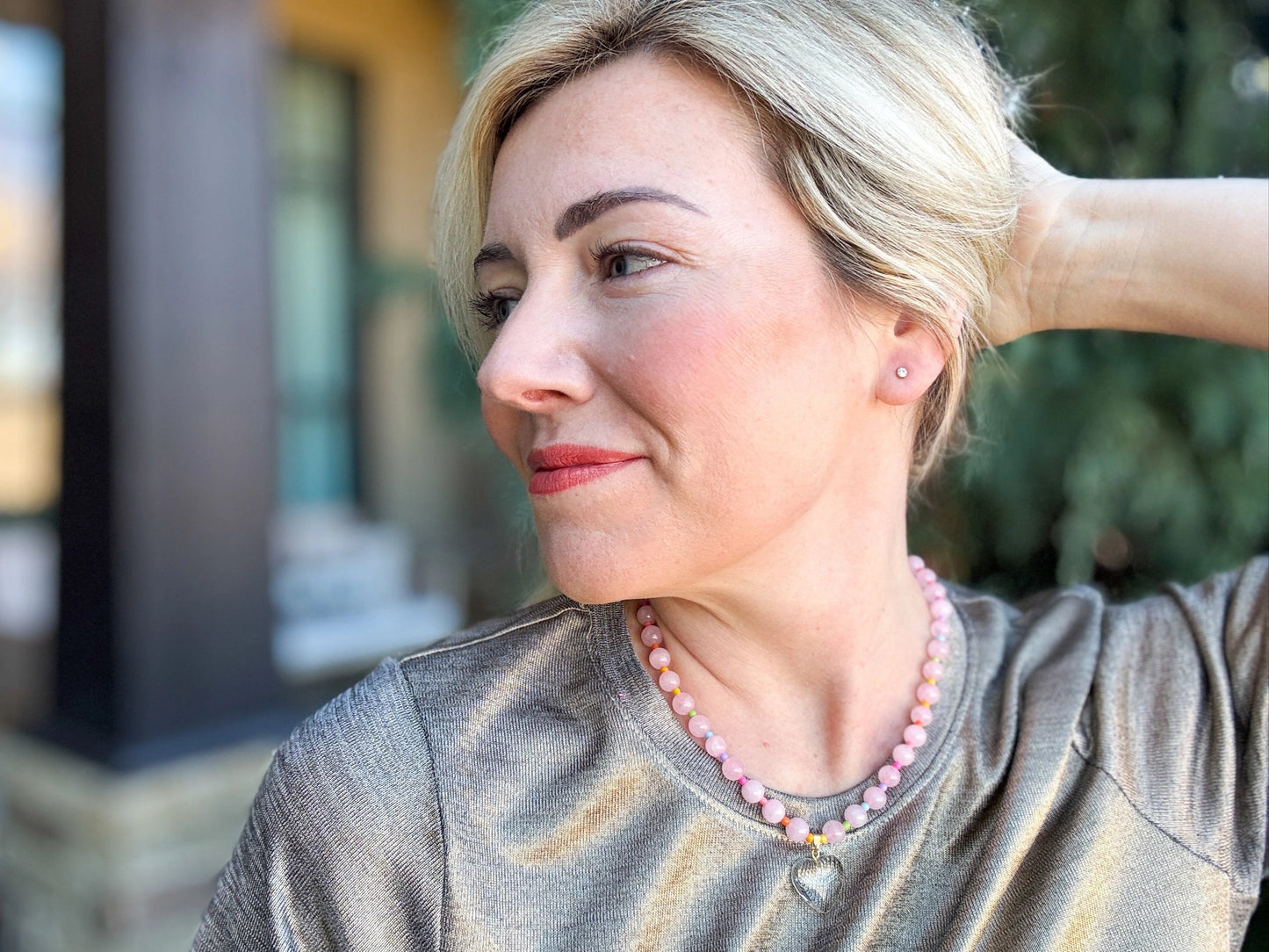 Beaded Necklace - Pink + Multi-Color W/Dangle Heart - Lottie