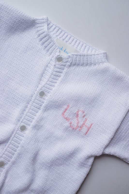 Custom Knit Monogram Cardigan | White with Light Pink